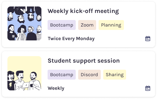 calendar events for the Bootcamp weekly kick-off meeting and student support session.